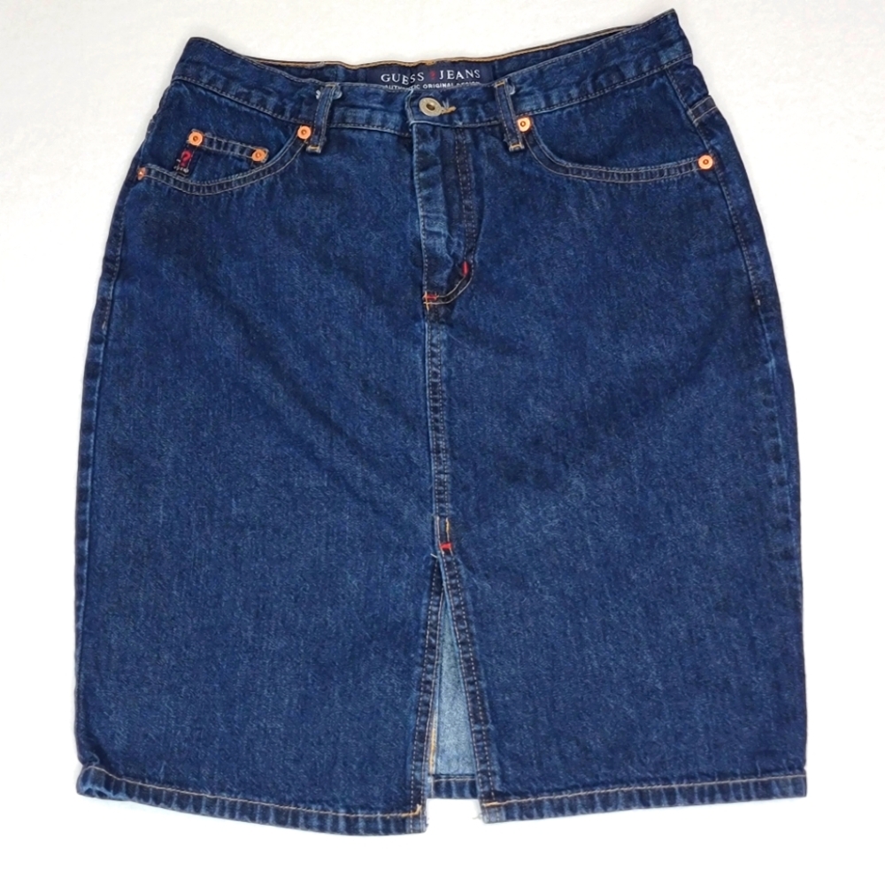 GUESS Los Angeles Blue Denim 5-pocket Front Split‎ Skirt Size 28. #448